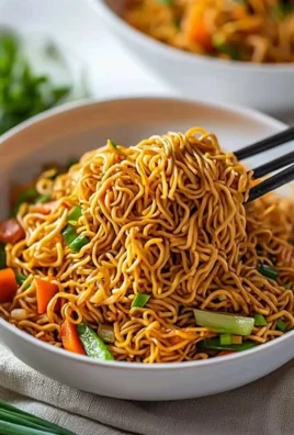 A colorful plate of classic Chinese fried noodles with vegetables and sauces