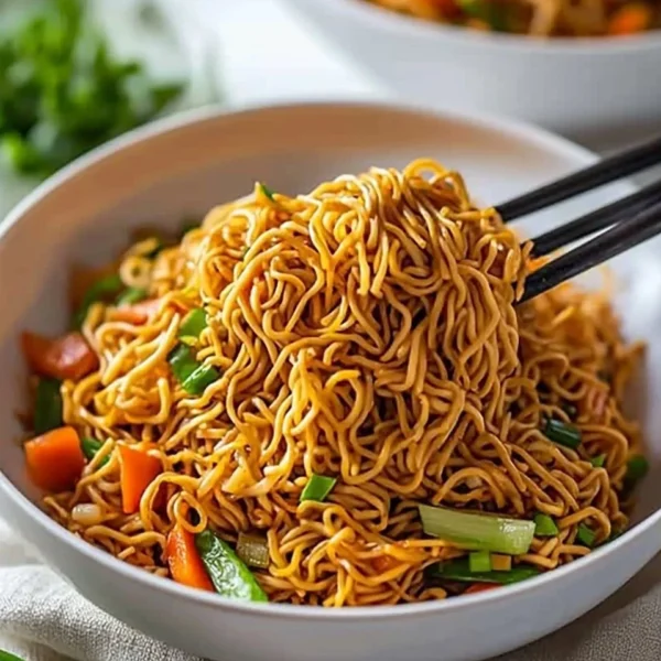 A colorful plate of classic Chinese fried noodles with vegetables and sauces