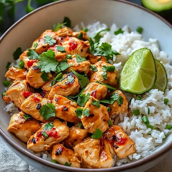 Delicious Coconut Chicken Rice Bowl garnished with fresh herbs and served in a bowl
