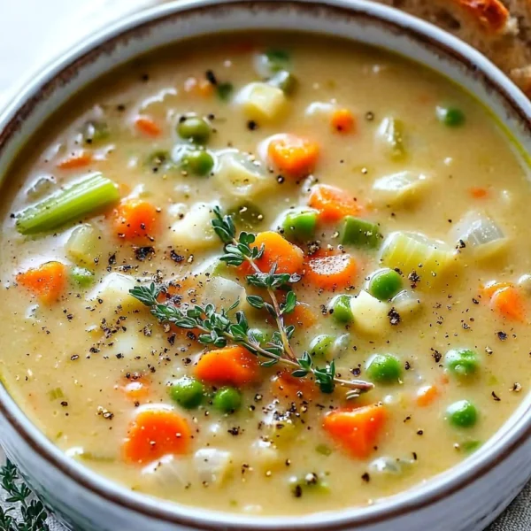 Creamy vegetable soup in a bowl, garnished with fresh herbs.
