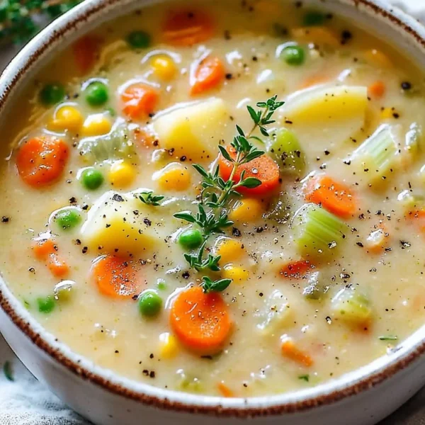 Bowl of comforting one-pot creamy vegetable soup with fresh ingredients