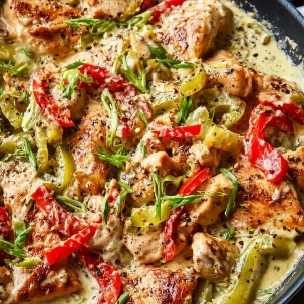 Creamy banana pepper chicken skillet with tender chicken and vibrant peppers