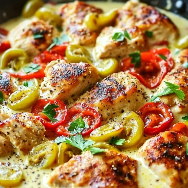 Creamy banana pepper chicken skillet served with herbs and spices