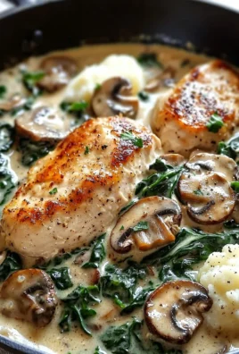 Creamy chicken mushroom spinach skillet served on a plate