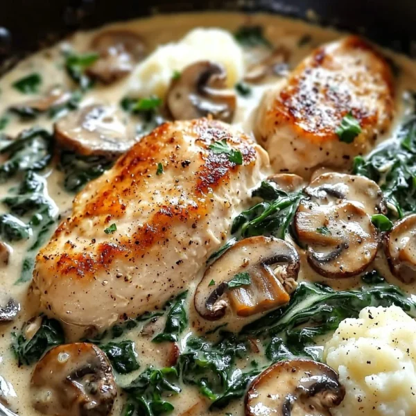 Creamy chicken mushroom spinach skillet served on a plate