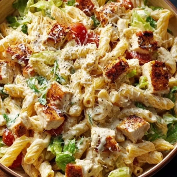 Delicious creamy chicken pasta served in a bowl garnished with herbs