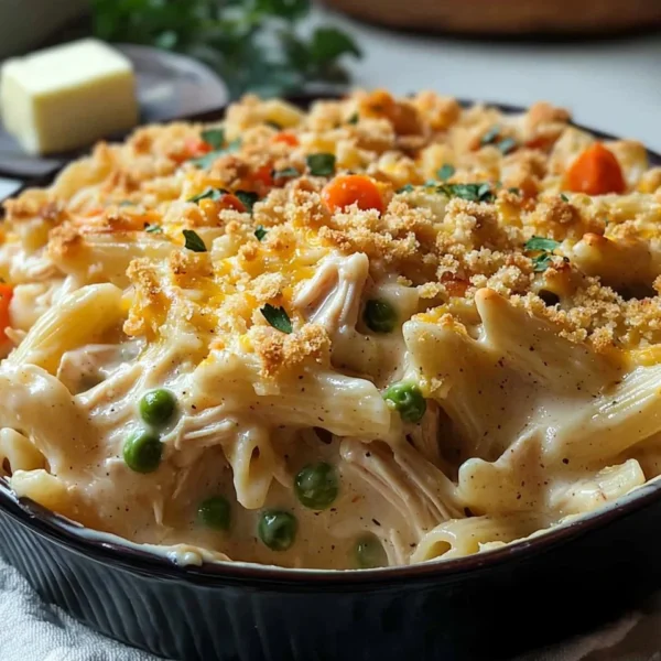 Creamy chicken pot pie pasta bake topped with golden breadcrumbs and herbs