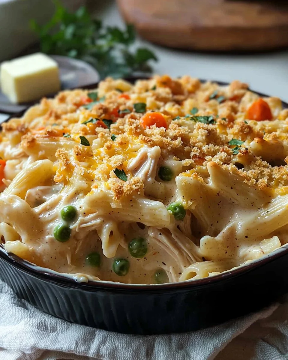 Creamy Chicken Pot Pie Pasta Bake
