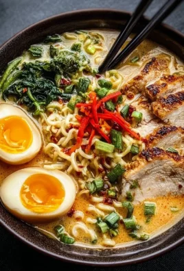 Bowl of creamy garlic chicken ramen topped with herbs and vegetables.