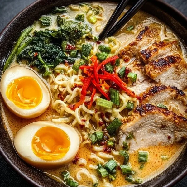 Bowl of creamy garlic chicken ramen topped with herbs and vegetables.