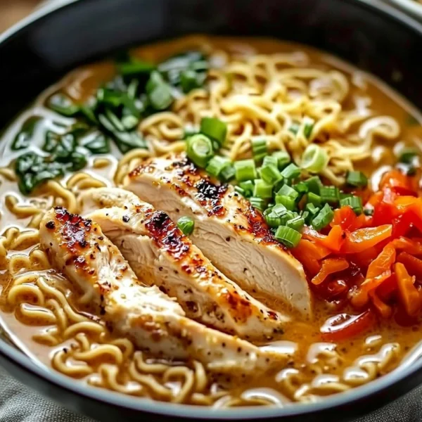 Bowl of Creamy Garlic Chicken Ramen garnished with green onions and herbs