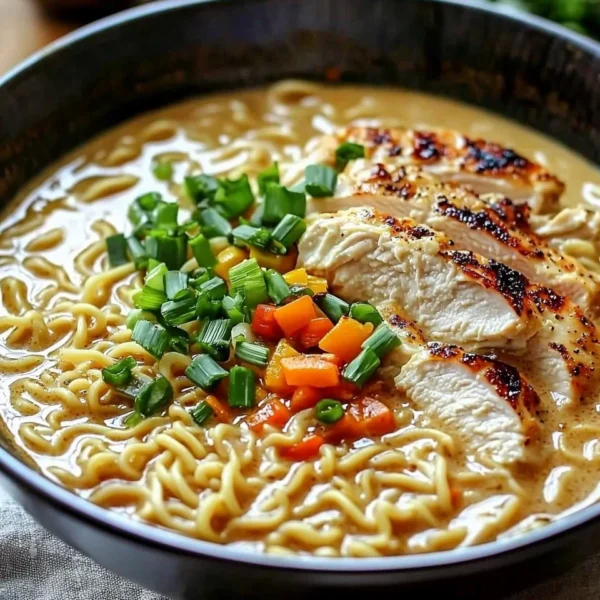 Delicious creamy garlic chicken ramen served in a bowl