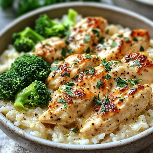 Creamy garlic chicken rice bowls garnished with herbs and served in a bowl.