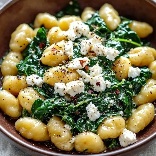 Creamy gnocchi with spinach and feta served on a plate