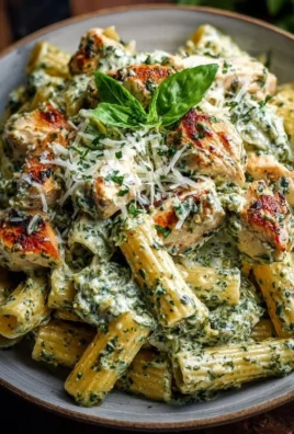 Creamy pesto chicken pasta dish topped with fresh basil and parmesan cheese