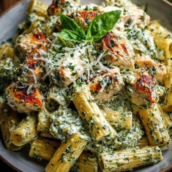 Creamy pesto chicken pasta dish topped with fresh basil and parmesan cheese