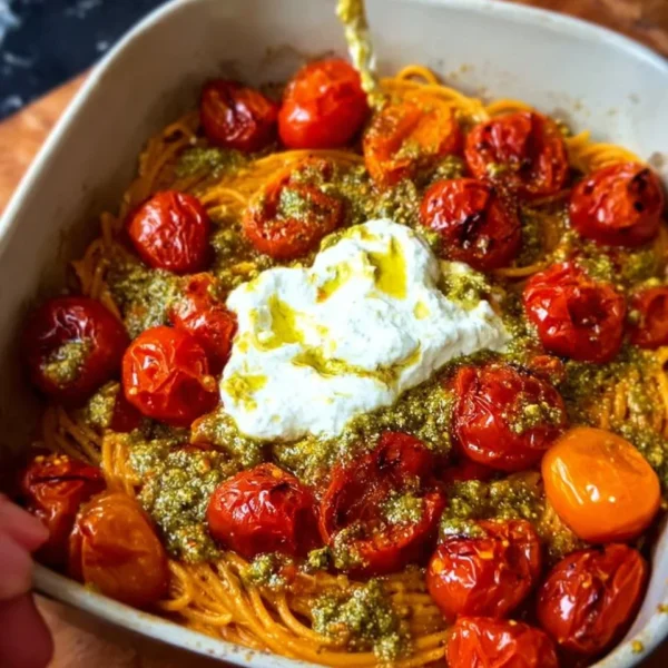 Creamy roasted tomato pesto spaghetti garnished with fresh basil and parmesan