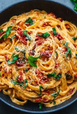 Creamy vegan sun-dried tomato pasta served with fresh basil