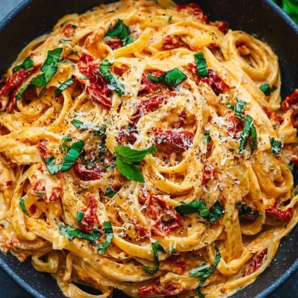 Creamy vegan sun-dried tomato pasta served with fresh basil