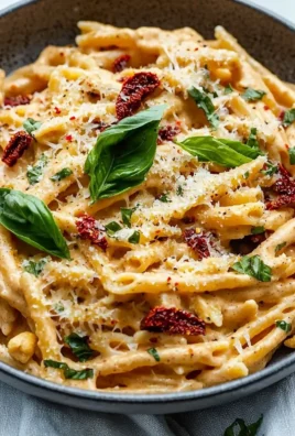 Creamy vegan sun-dried tomato pasta garnished with fresh herbs.