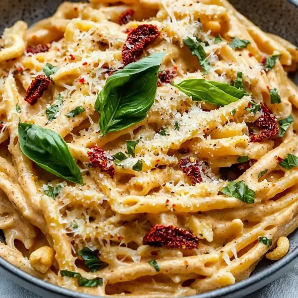 Creamy vegan sun-dried tomato pasta garnished with fresh herbs.