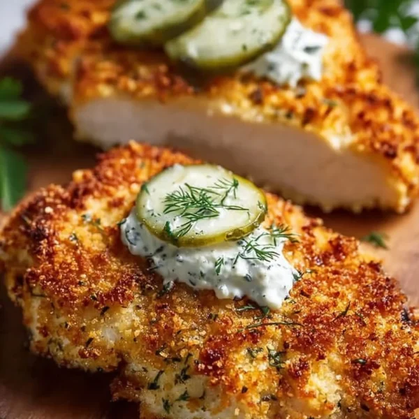 Crispy Dill Pickle Chicken with Parmesan coating served on a plate.