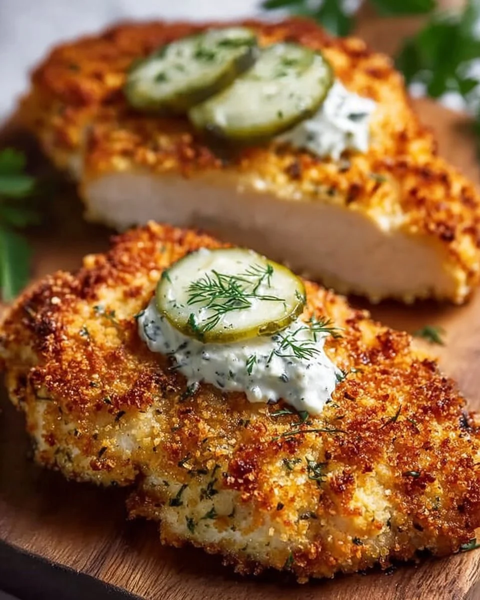 Crispy Dill Pickle Chicken with Parmesan coating served on a plate.