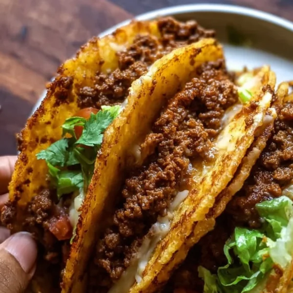 Plate of crispy ground beef tacos topped with fresh vegetables