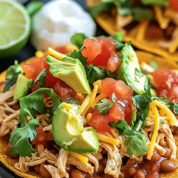Crispy rotisserie chicken tostadas topped with fresh ingredients