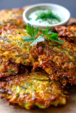Crispy vegetable fritters on a plate with dipping sauce