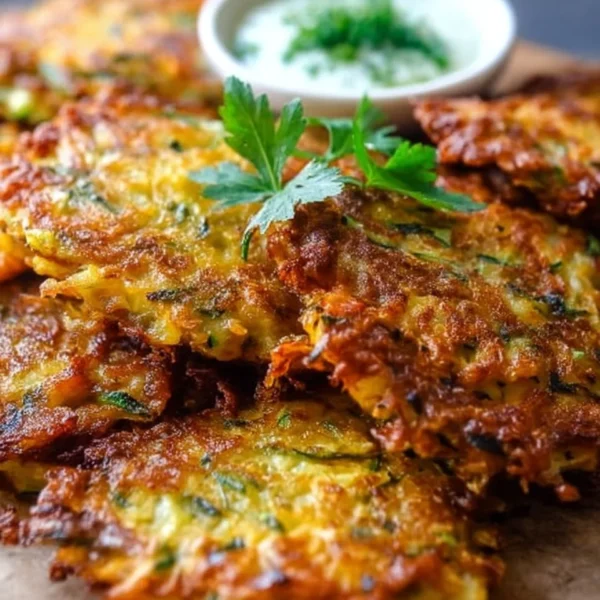 Crispy vegetable fritters on a plate with dipping sauce