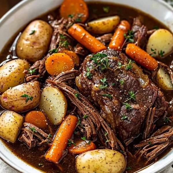 Delicious and tender Crock Pot pot roast ready to serve with vegetables