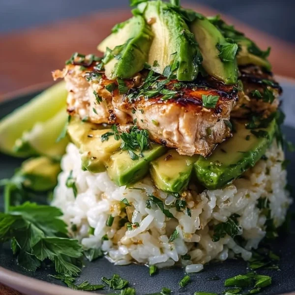 Honey Lime Chicken served with a delicious avocado rice stack