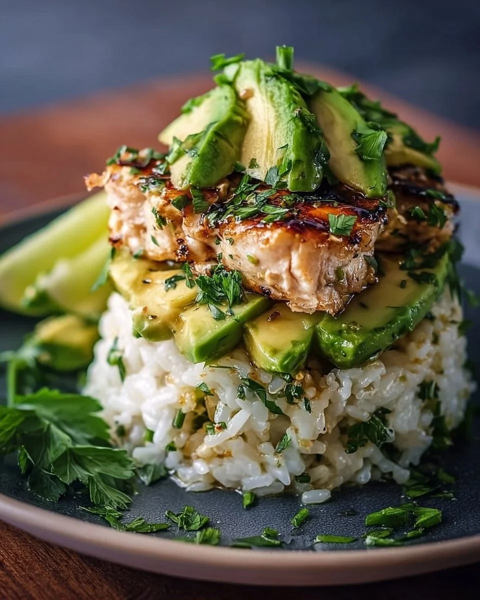 Honey Lime Chicken served with a delicious avocado rice stack