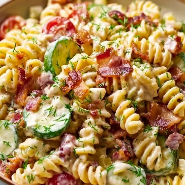 Delicious Dill Pickle Bacon Pasta Salad ready to serve