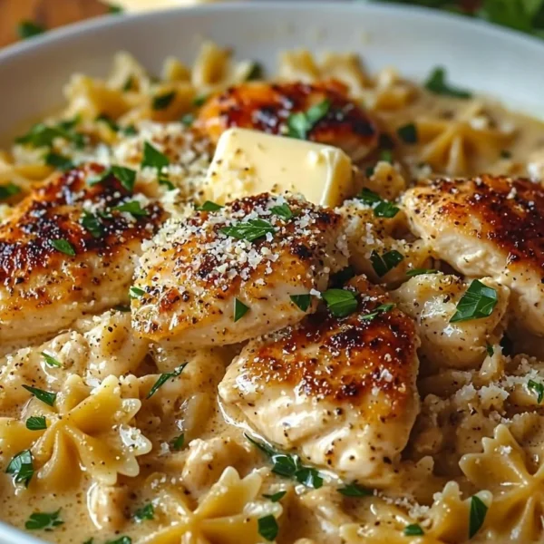 Garlic Butter Chicken served with bowtie pasta in a creamy sauce
