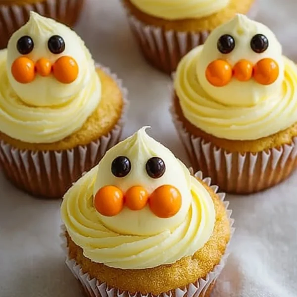 Easter Chick Cupcakes decorated with vibrant colors and cute chick faces