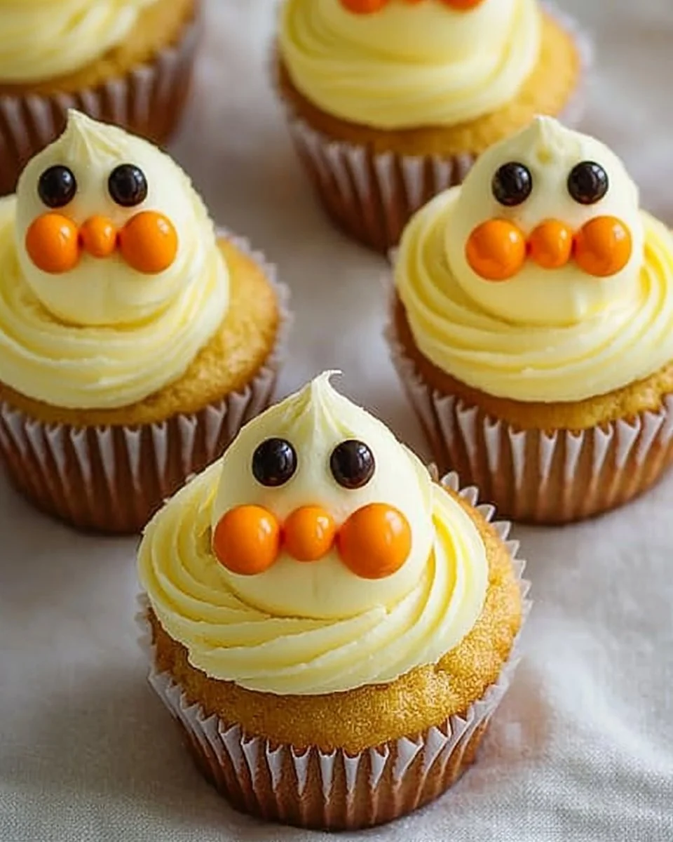 Easter Chick Cupcakes decorated with vibrant colors and cute chick faces