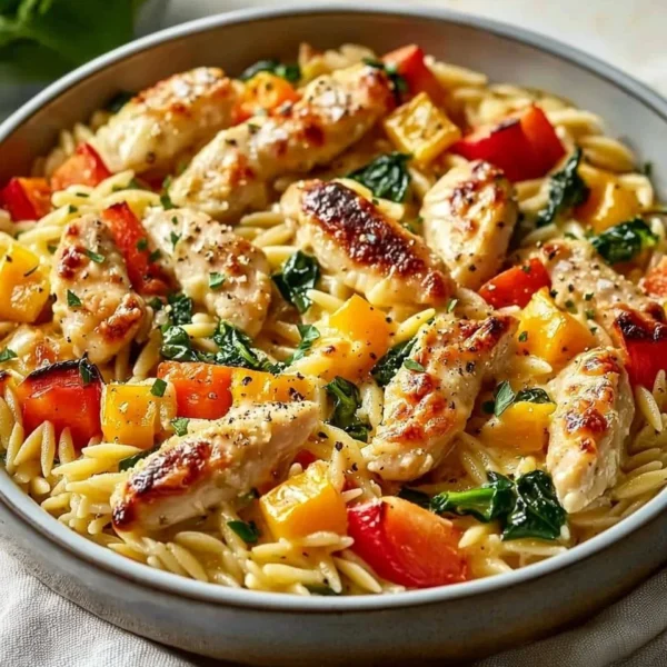 Creamy Boursin orzo bake served in a dish, topped with herbs.