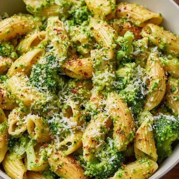 A bowl of easy healthy broccoli pasta topped with Parmesan cheese and fresh herbs.