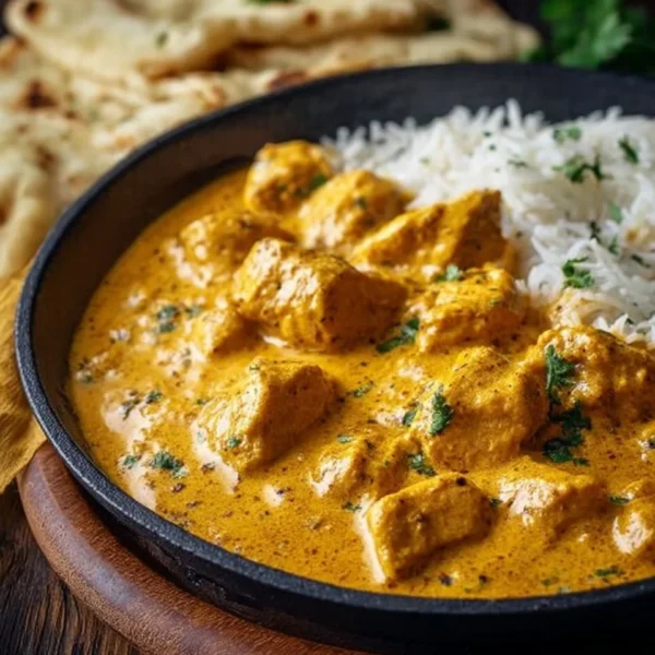 Bowl of easy homemade chicken korma served with flatbread and rice