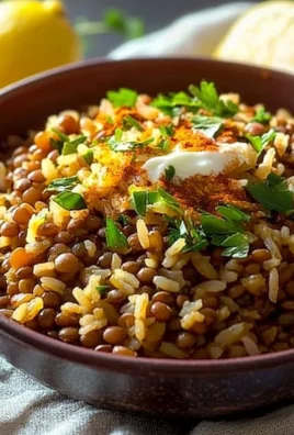 Bowl of easy Mediterranean lentils and rice garnished with fresh herbs.