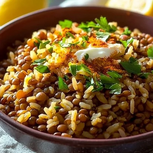 Bowl of easy Mediterranean lentils and rice garnished with fresh herbs.