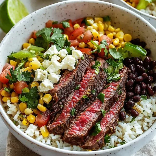 Delicious Flank Steak Bowl with fresh vegetables and grains