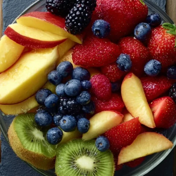 Colorful bowl of fresh fruit salad with assorted fruits like berries, melon, and kiwi.