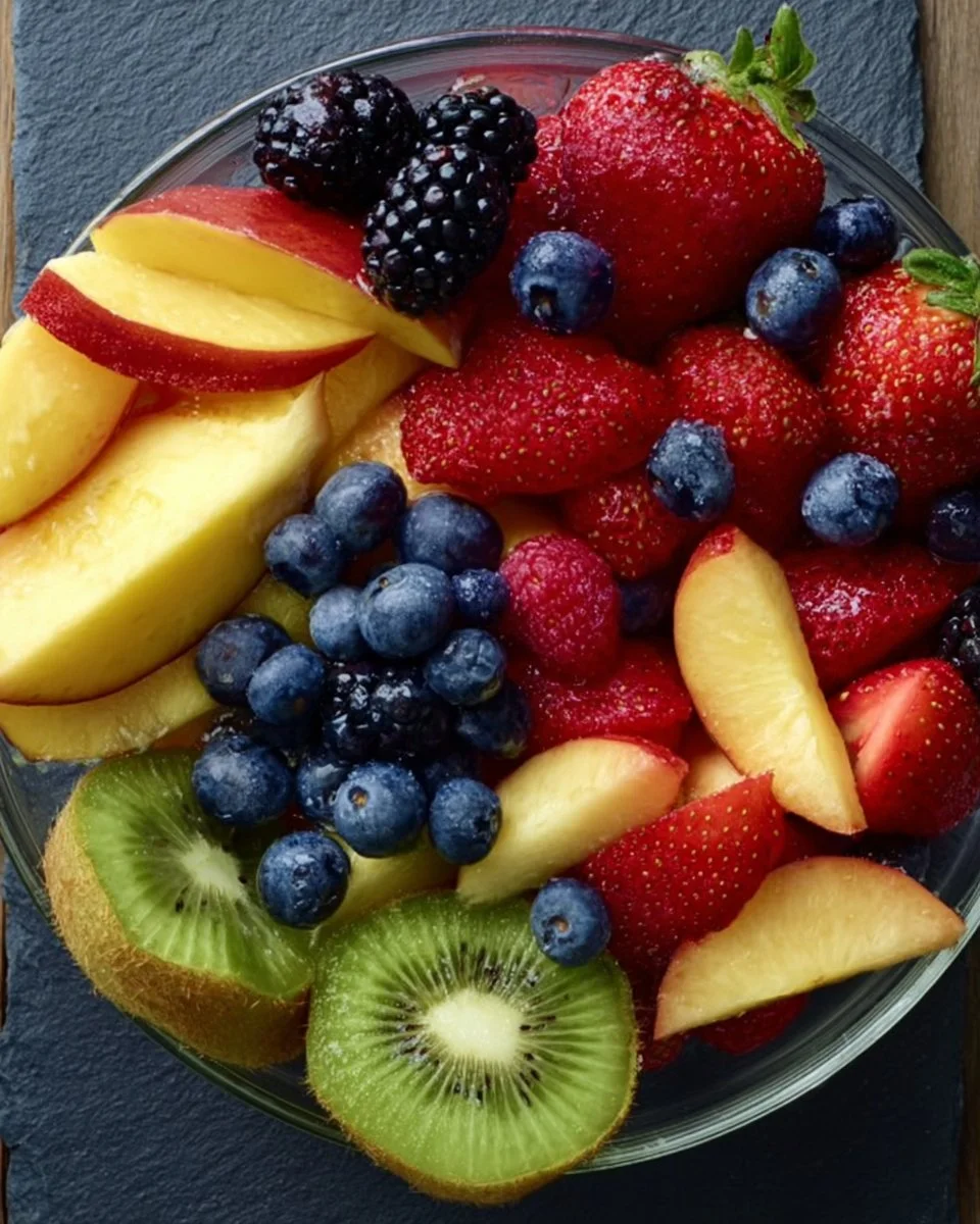 Colorful bowl of fresh fruit salad with assorted fruits like berries, melon, and kiwi.