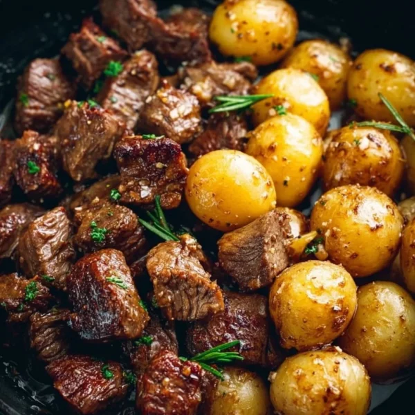 Garlic Butter Beef Bites served with crispy potatoes