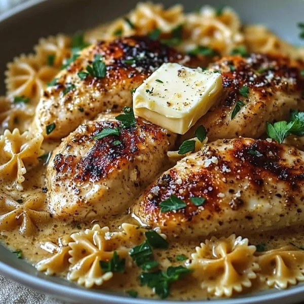 Delicious Garlic Butter Chicken served with Bowtie Pasta on a plate.