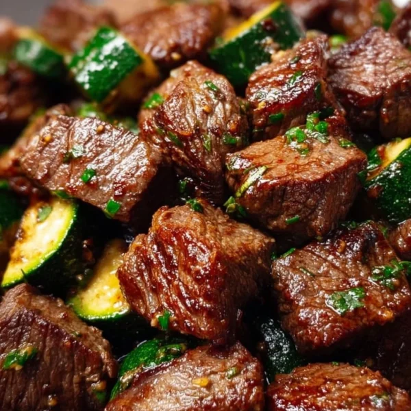 Plate of Garlic Butter Steak Bites garnished with herbs