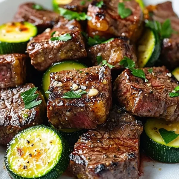 Plate of Garlic Butter Steak Bites topped with fresh herbs